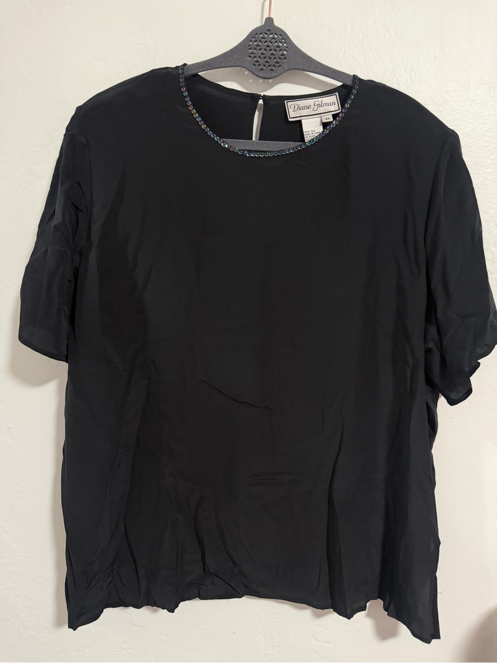 Diane Gilman 3X 100% Silk Black Beaded Neckline Blouse Plus Size